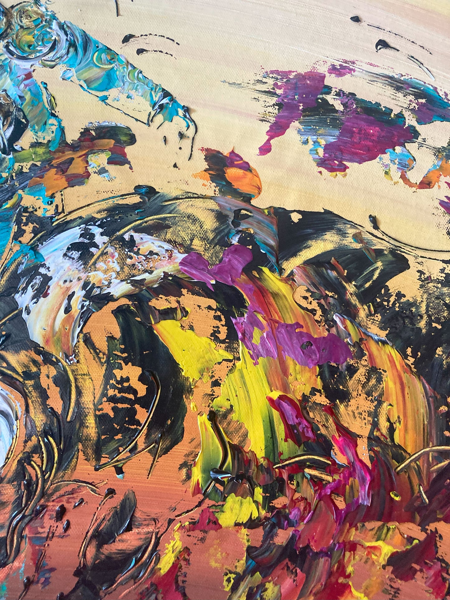 Tableau Corrida Tauromachie. Peinture Originale sur toile. Format 40x60cm. Détail2. Création Virginie Linard ©.