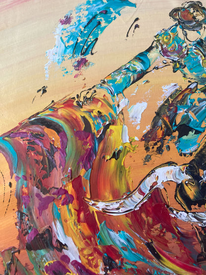 Tableau Corrida Tauromachie. Peinture Originale sur toile. Format 40x60cm. Détail3. Création Virginie Linard ©.