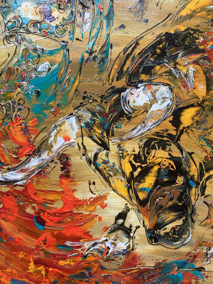 Tableau Corrida Tauromachie, peinture sur toile format 80x80cm. Détail. Création Virginie Linard ©.