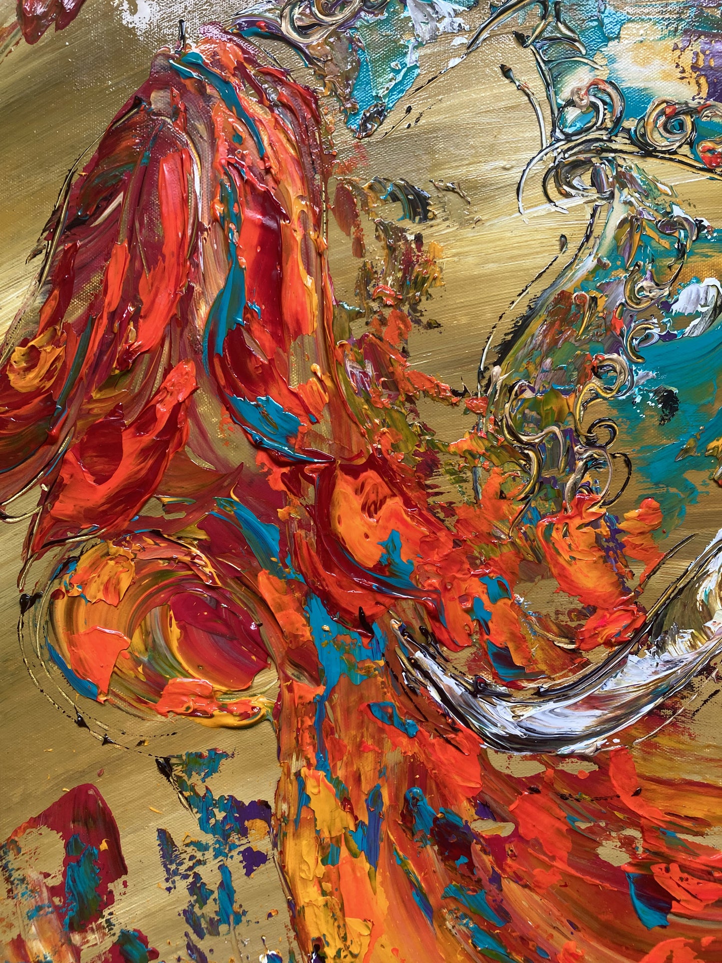 Tableau Corrida Tauromachie, peinture sur toile format 80x80cm. Détail. Création Virginie Linard ©.