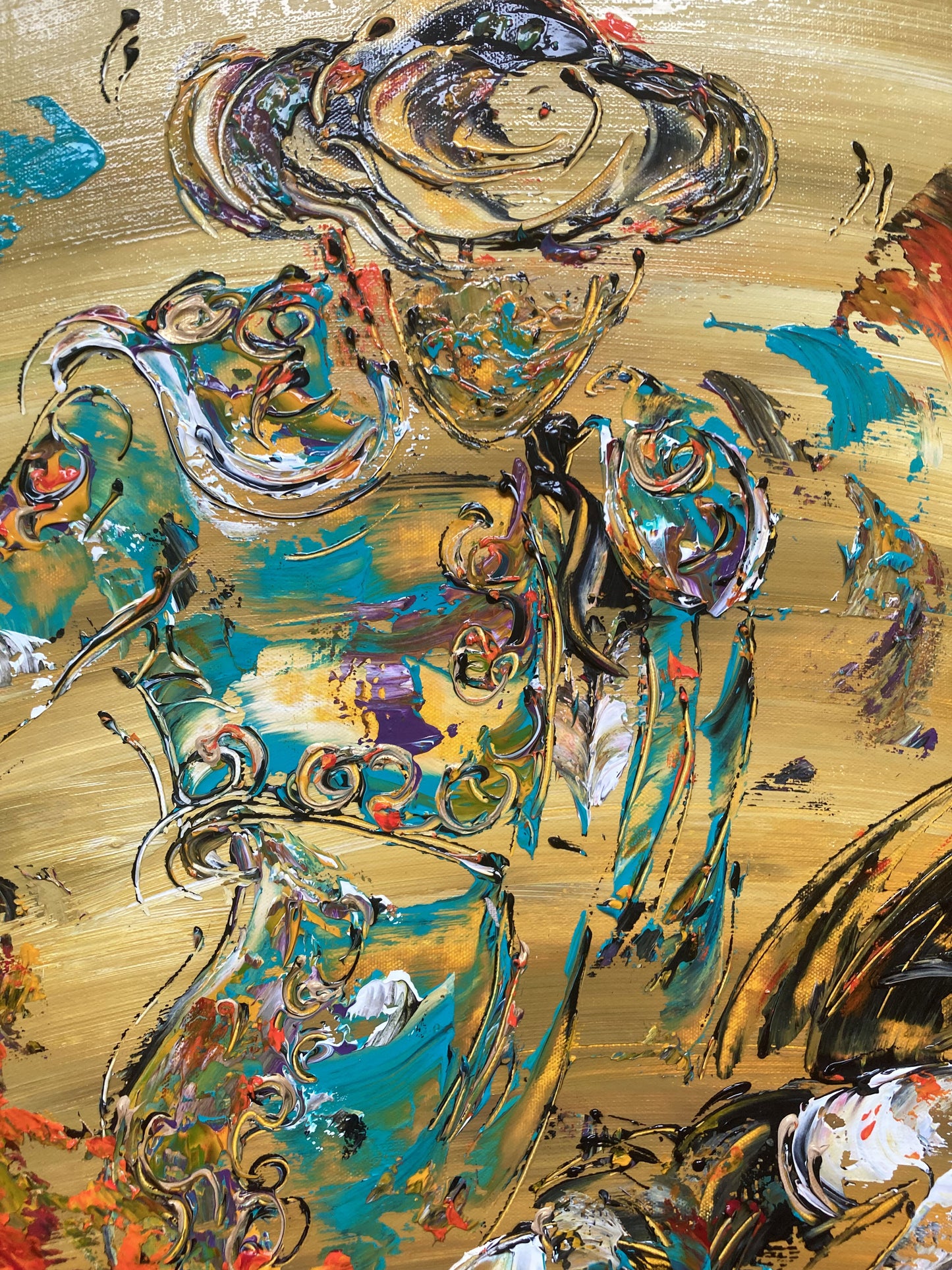 Tableau Corrida Tauromachie, peinture sur toile format 80x80cm. Détail. Création Virginie Linard ©.