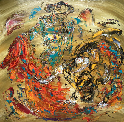 Tableau Corrida Tauromachie, peinture sur toile format 80x80cm. Création Virginie Linard ©.