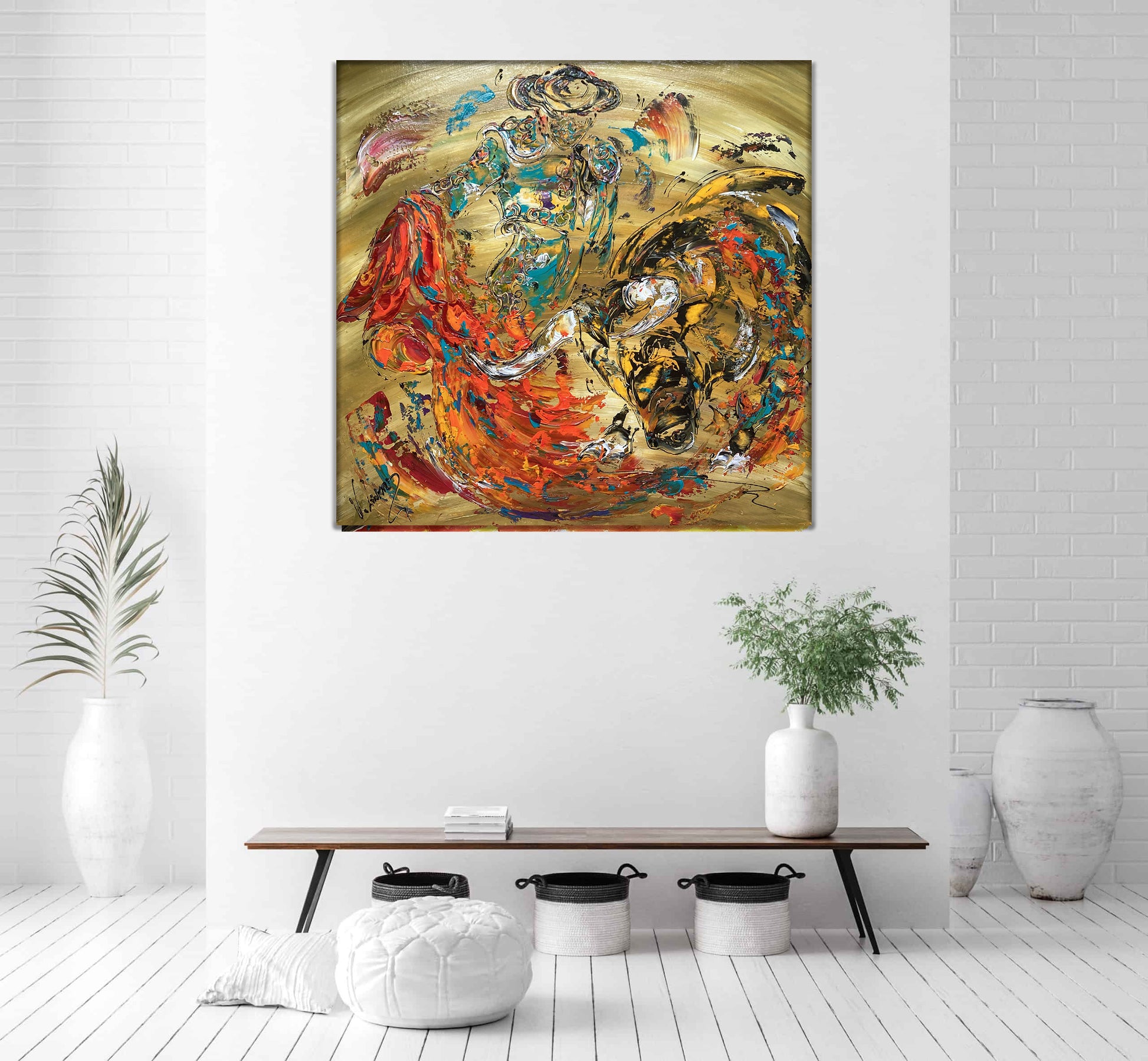 Tableau Corrida Tauromachie taureau toréro. Peinture grand format 80x80cm.  Original Virginie Linard.