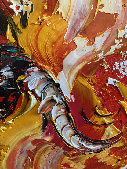 Tableau d'une scène de corrida , le fond est rouge, avec un toréro turquoise et un taureau qui fonce sur la cape  jaune, peinture sur toile de 55x46cm du peintre Virginie Linard ©. Détail1.