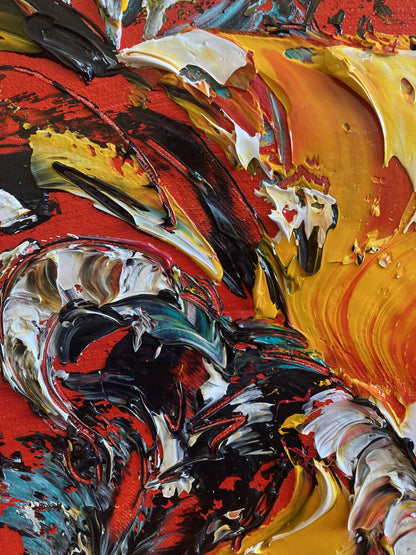 Tableau d'une scène de corrida , le fond est rouge, avec un toréro turquoise et un taureau qui fonce sur la cape  jaune, peinture sur toile de 55x46cm du peintre Virginie Linard ©. Détail2.