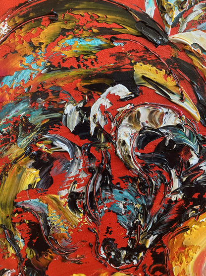 Tableau d'une scène de corrida , le fond est rouge, avec un toréro turquoise et un taureau qui fonce sur la cape  jaune, peinture sur toile de 55x46cm du peintre Virginie Linard ©. Détail3.