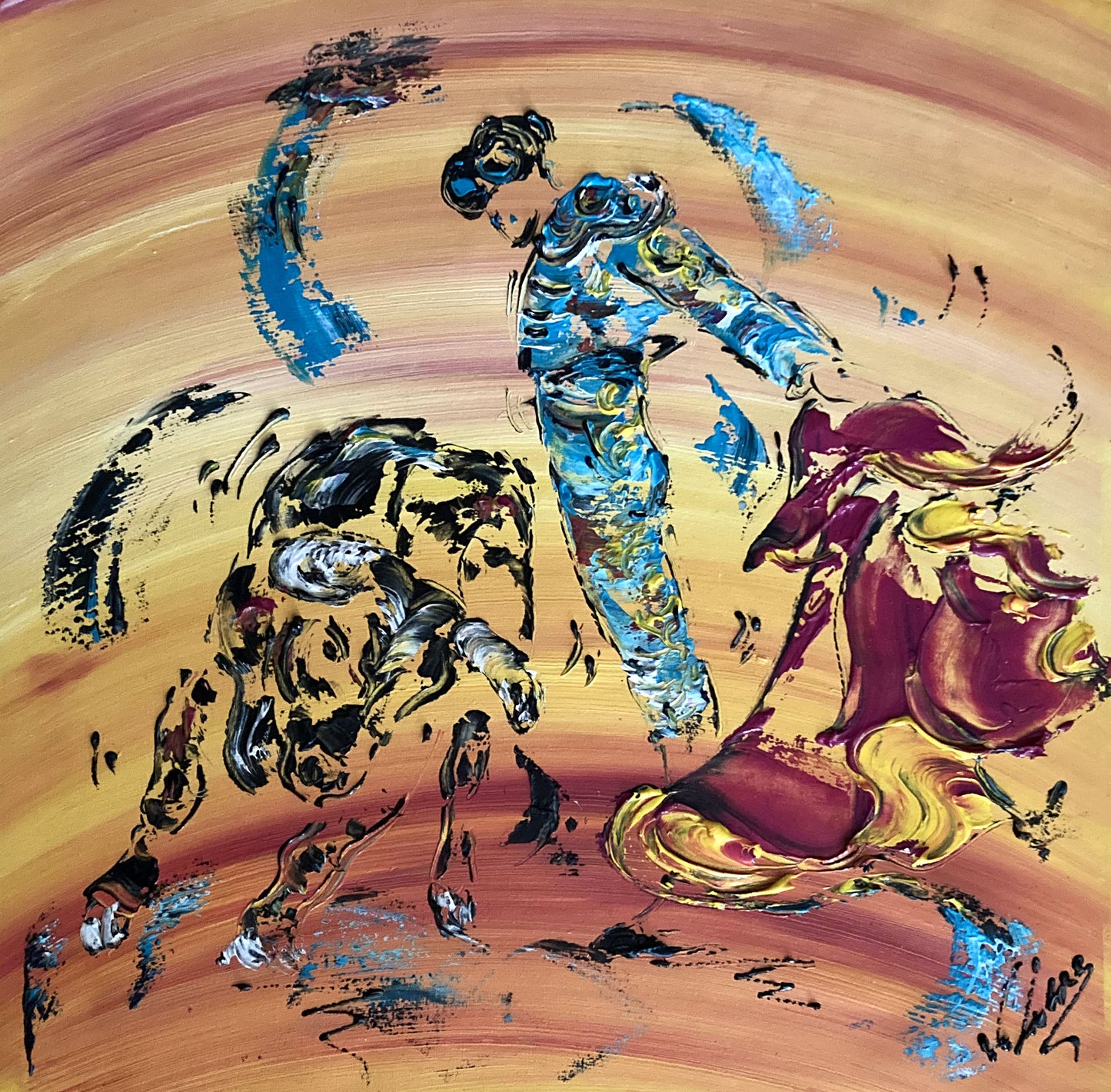 Corrida tauromachie taureau toile peinture de 50x50 cm Virginie Linard ©