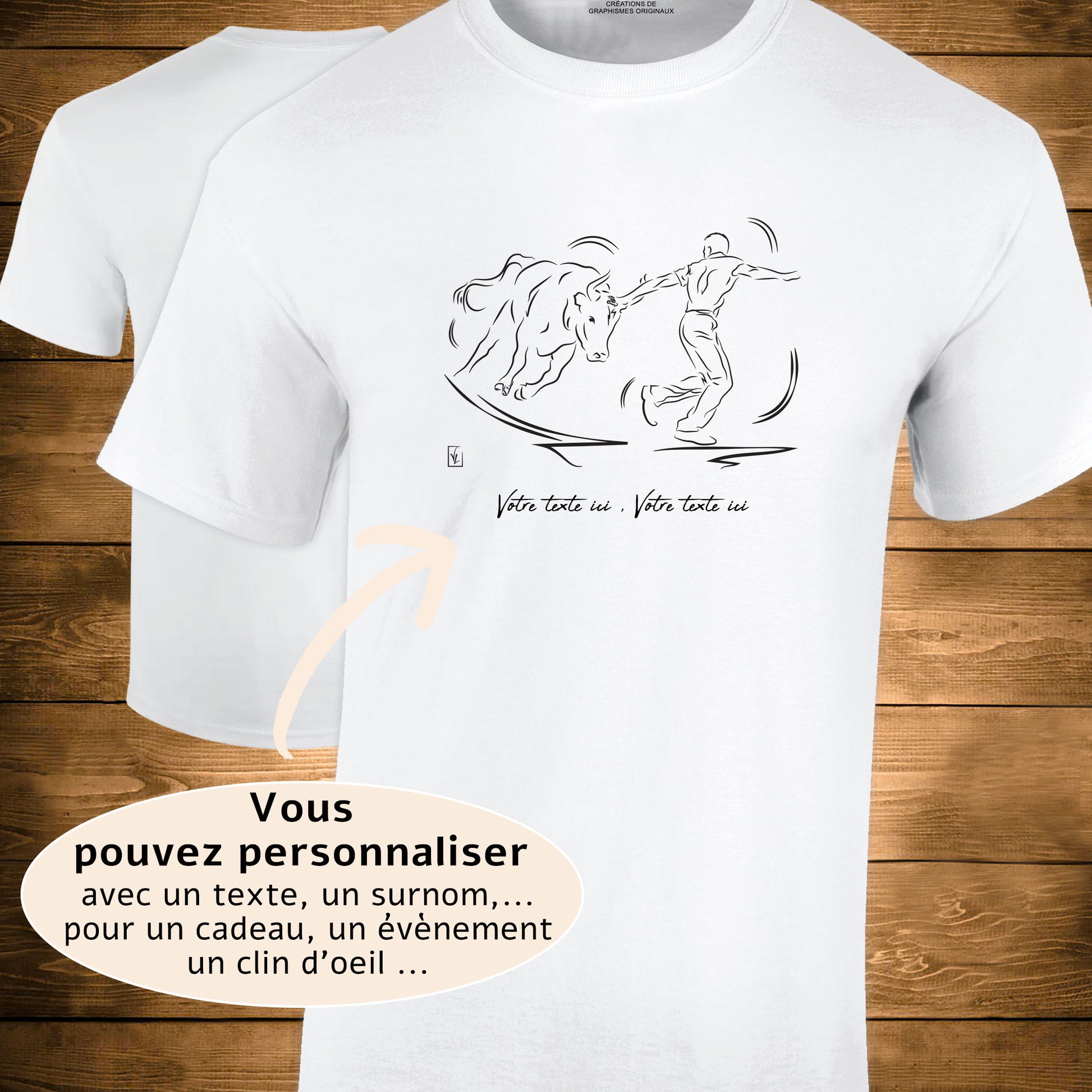 Course Camarguaise Le raseteur s'empare de la cocarde Graphisme sur T-shirt blanc homme à personnaliser avec du texte. Création Virginie Linard ©.