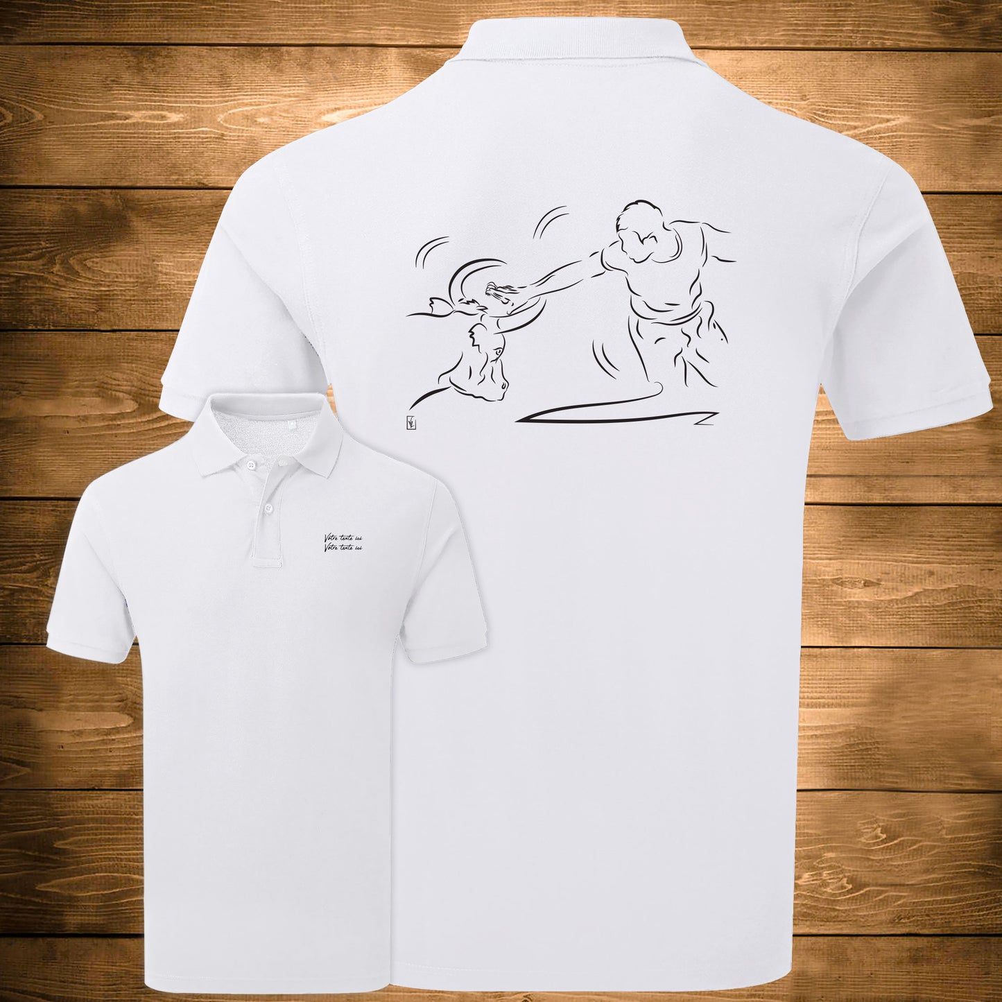 Course Camarguaise, raseteur et taureau cocardier Graphisme sur Polo 220g blanc homme à personnaliser avec du texte. Création Virginie Linard ©.