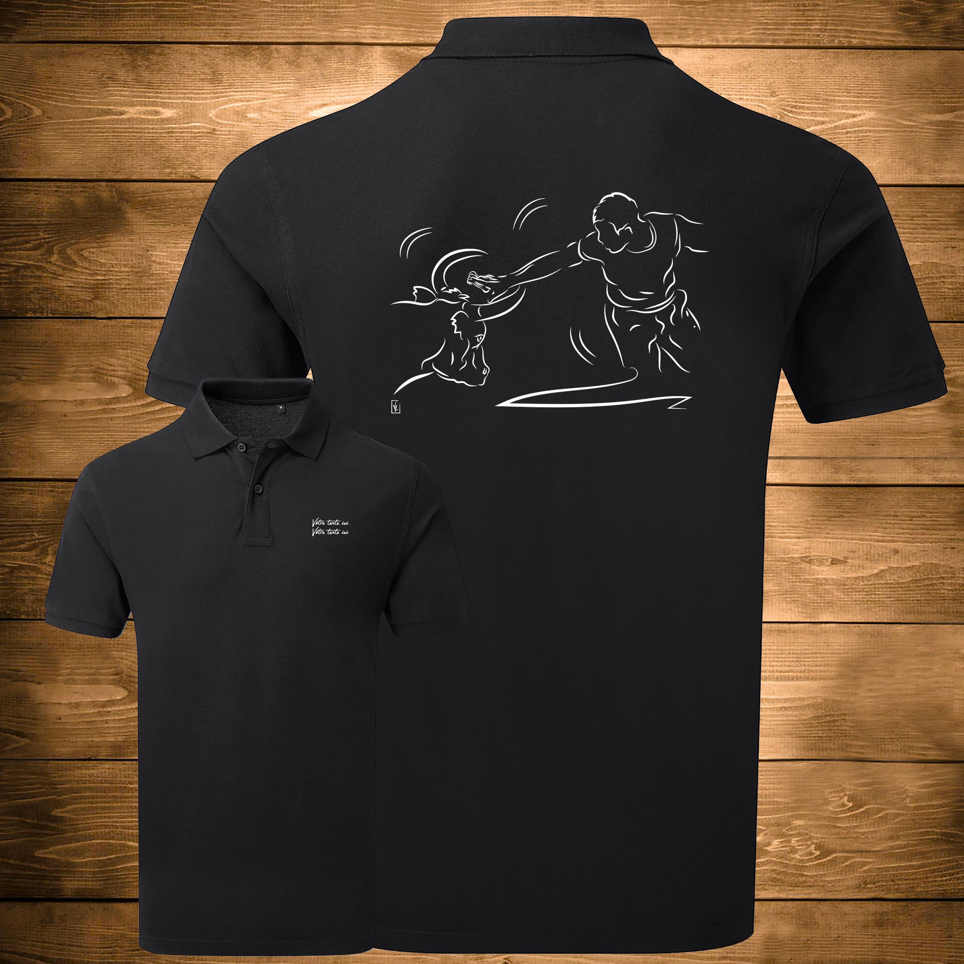 Course Camarguaise, raseteur et taureau cocardier Graphisme sur Polo 220g noir homme à personnaliser avec du texte. Création Virginie Linard ©.