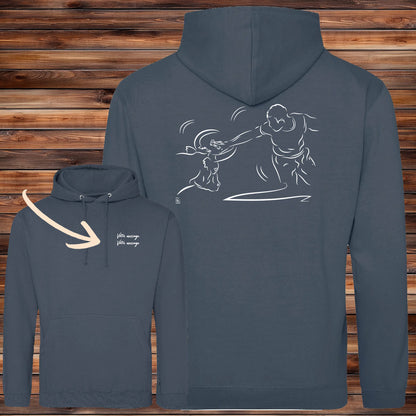 Course Camarguaise, raseteur et taureau vachette Graphisme sur Sweat-shirt 280g unisexe bleu à personnaliser avec du texte. Création Virginie Linard ©.