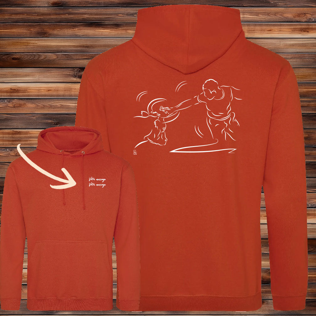 Course Camarguaise, raseteur et taureau vachette Graphisme sur Sweat-shirt 280g unisexe orange à personnaliser avec du texte. Création Virginie Linard ©.