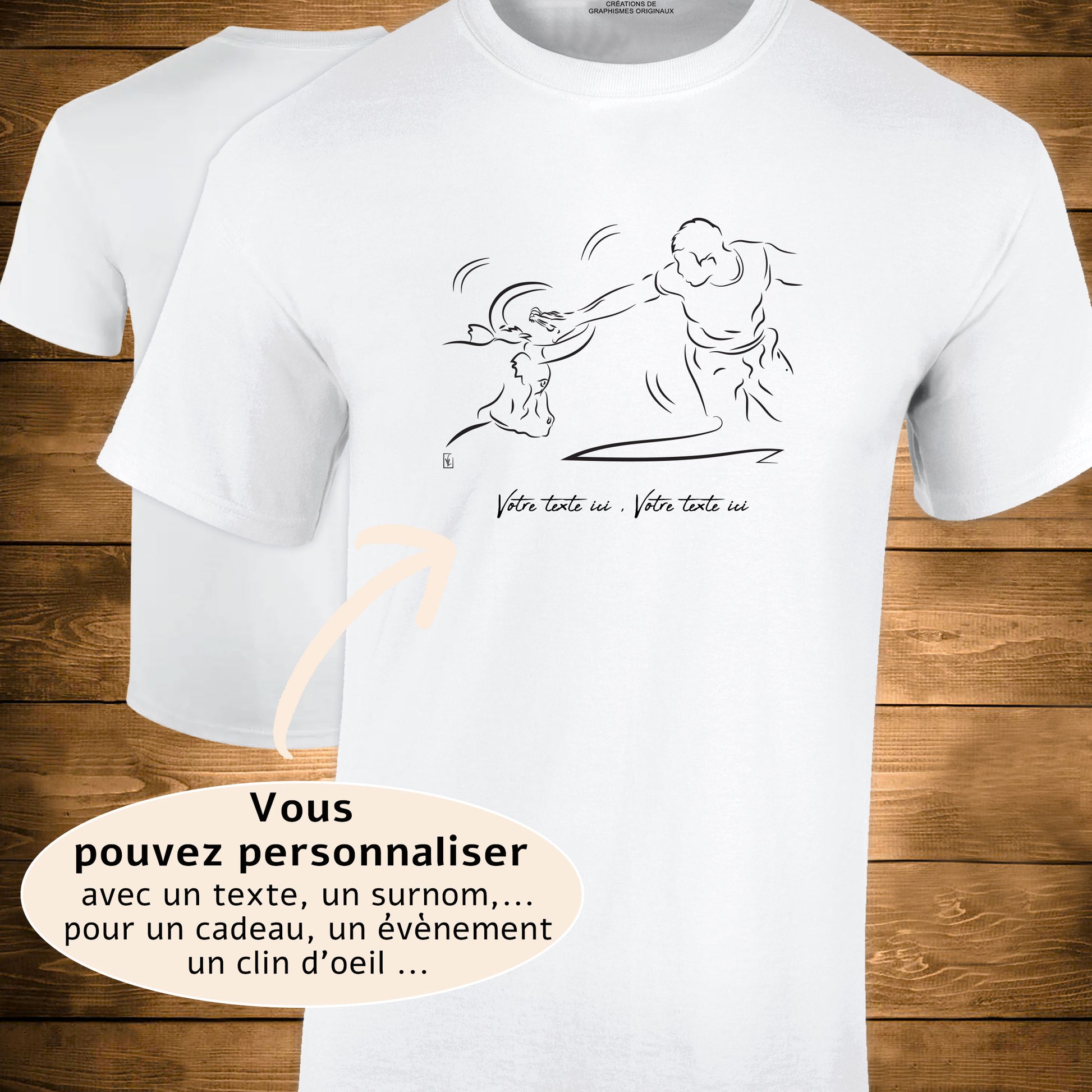 Course Camarguaise Le saut du raseteur suivi du cocardier Graphisme sur T-shirt blanc homme à personnaliser avec du texte. Création Virginie Linard ©.