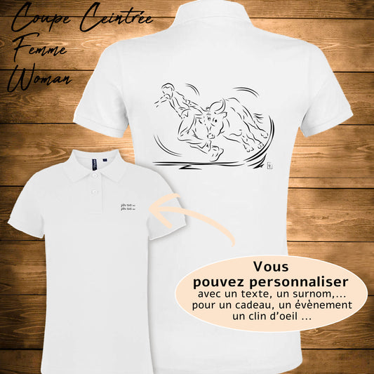 Polo Femme Course Camarguaise Le Cocardier blanc personnalisable - Graphisme raseteur et taureau - Virginie Linard
