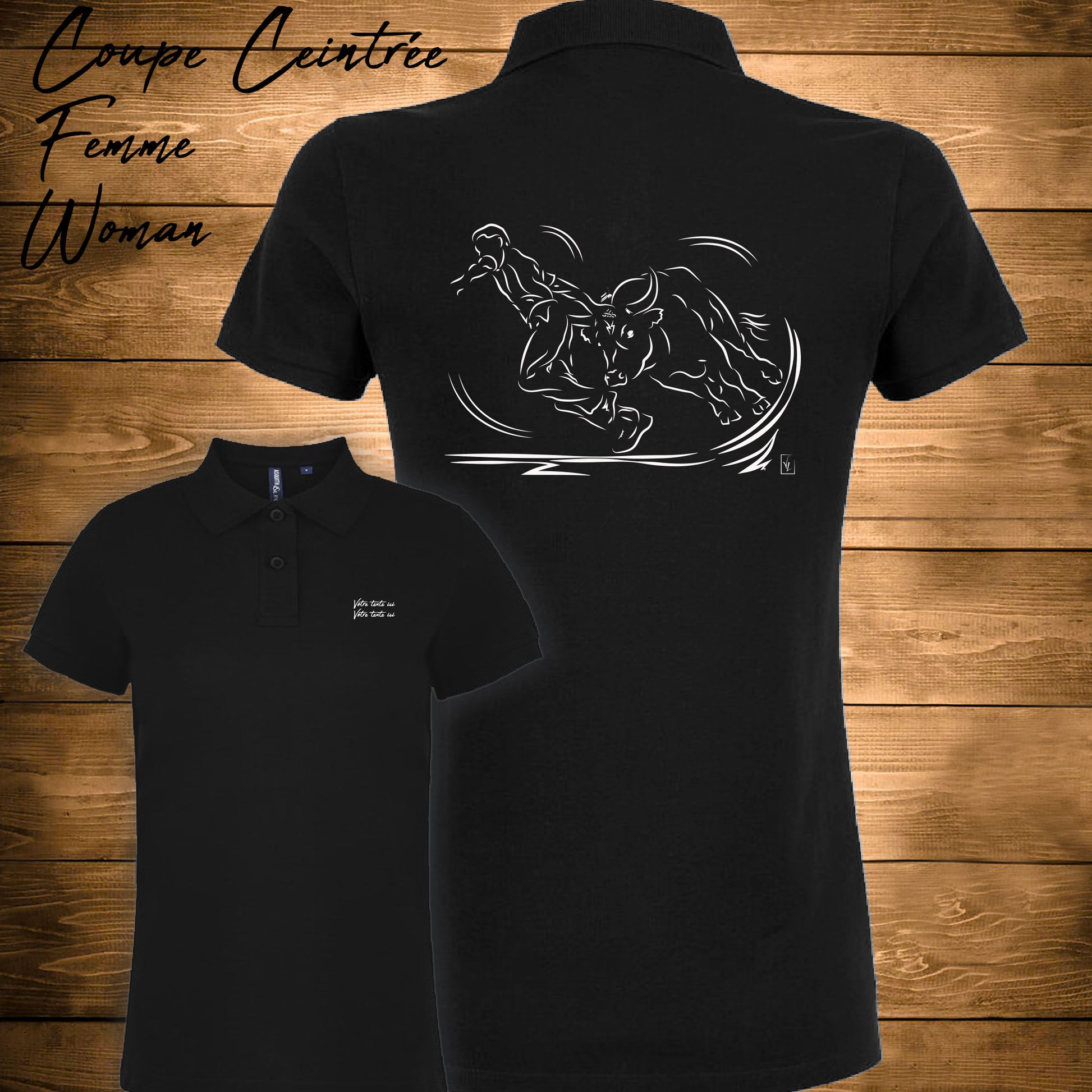 Course Camarguaise, raseteur et taureau cocardier Graphisme sur Polo 220g noir femme à personnaliser avec du texte. Création Virginie Linard ©.