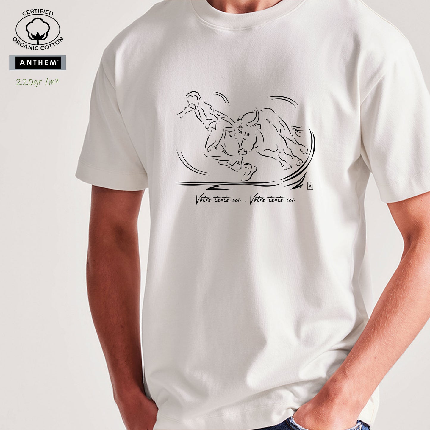 Course Camarguaise, raseteur et taureau vachette Graphisme sur T-shirt biologique épais 220g unisexe blanc à personnaliser avec du texte. Création Virginie Linard ©.