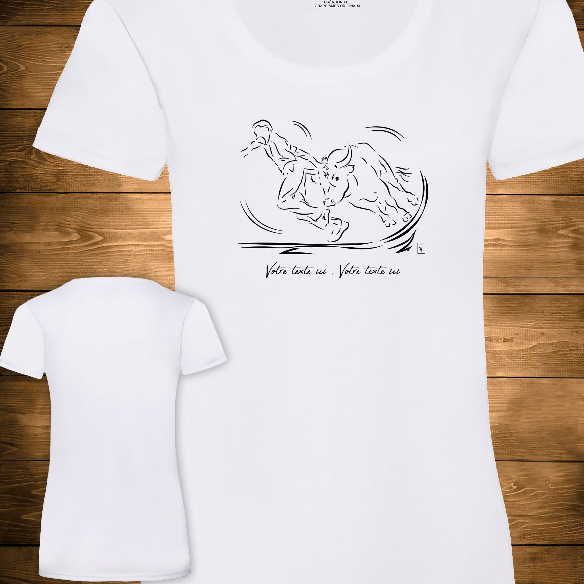 Course Camarguaise Le saut du raseteur suivi du cocardier Graphisme sur T-shirt blanc femme à personnaliser avec du texte. Création Virginie Linard ©.