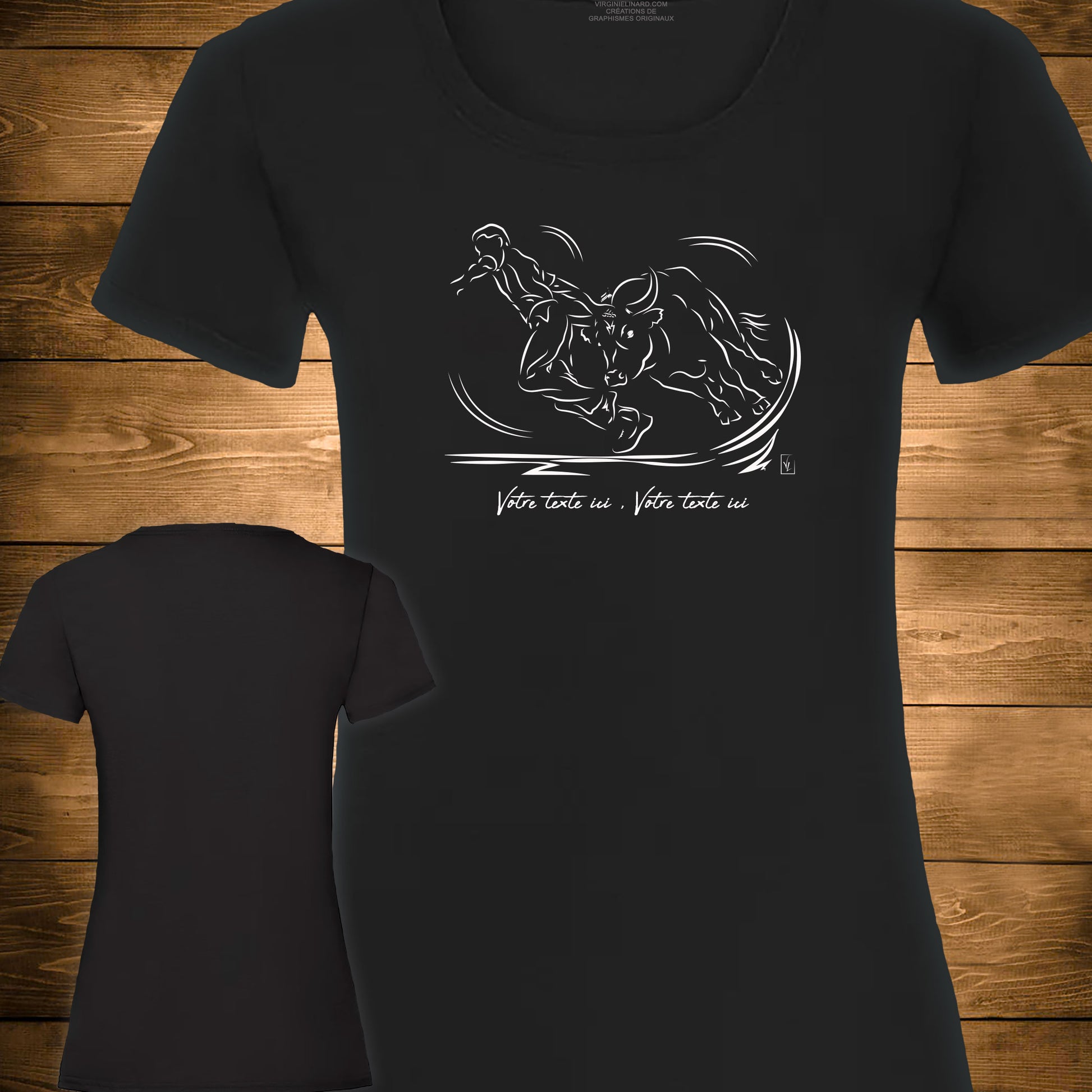 Course Camarguaise Le saut du raseteur suivi du cocardier Graphisme sur T-shirt noir femme à personnaliser avec du texte. Création Virginie Linard ©.