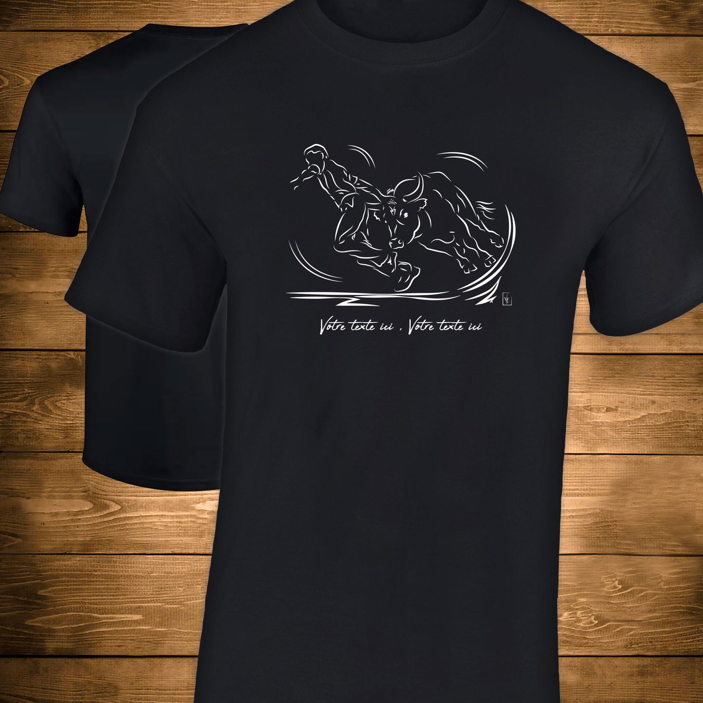 Course Camarguaise Le saut du raseteur suivi du cocardier Graphisme sur T-shirt noir homme à personnaliser avec du texte. Création Virginie Linard ©.