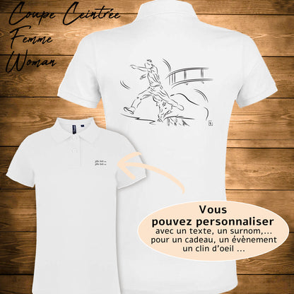 Course Camarguaise, raseteur et taureau cocardier Graphisme sur Polo 220g blanc femme à personnaliser avec du texte. Création Virginie Linard ©.