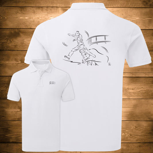 Course Camarguaise, raseteur et taureau cocardier Graphisme sur Polo 220g blanc homme à personnaliser avec du texte. Création Virginie Linard ©.