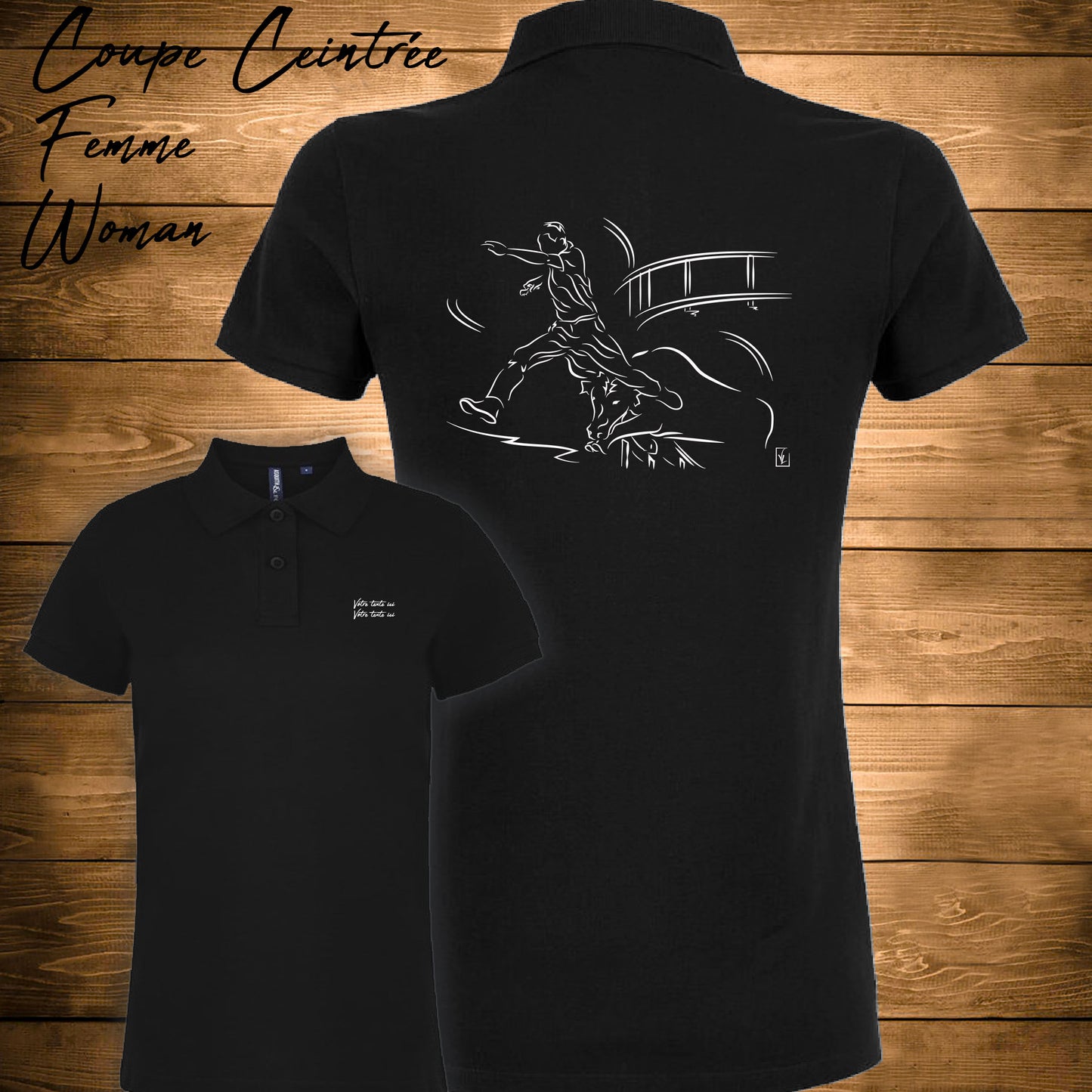 Course Camarguaise, raseteur et taureau cocardier Graphisme sur Polo 220g noir femme à personnaliser avec du texte. Création Virginie Linard ©.