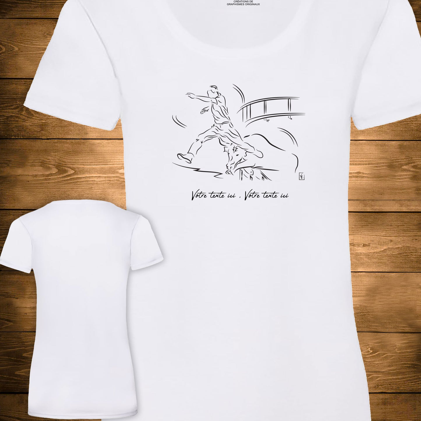 Course Camarguaise Le saut du raseteur suivi du cocardier Graphisme sur T-shirt blanc femme à personnaliser avec du texte. Création Virginie Linard ©.
