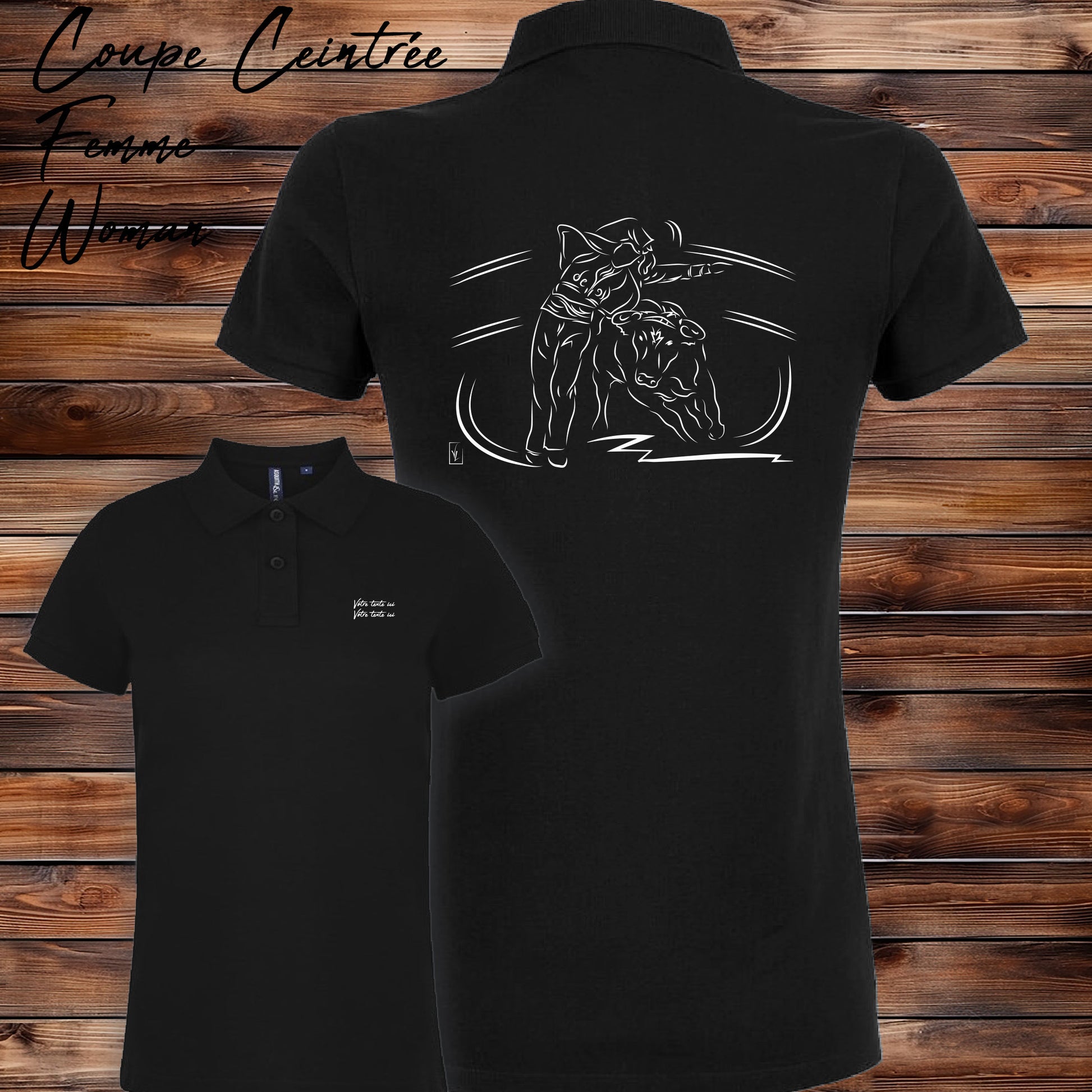 Course landaise, écarteur et vache sauvage Graphisme sur Polo 220g noir femme à personnaliser avec du texte. Création Virginie Linard ©.