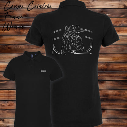 Course landaise, écarteur et vache sauvage Graphisme sur Polo 220g noir femme à personnaliser avec du texte. Création Virginie Linard ©.