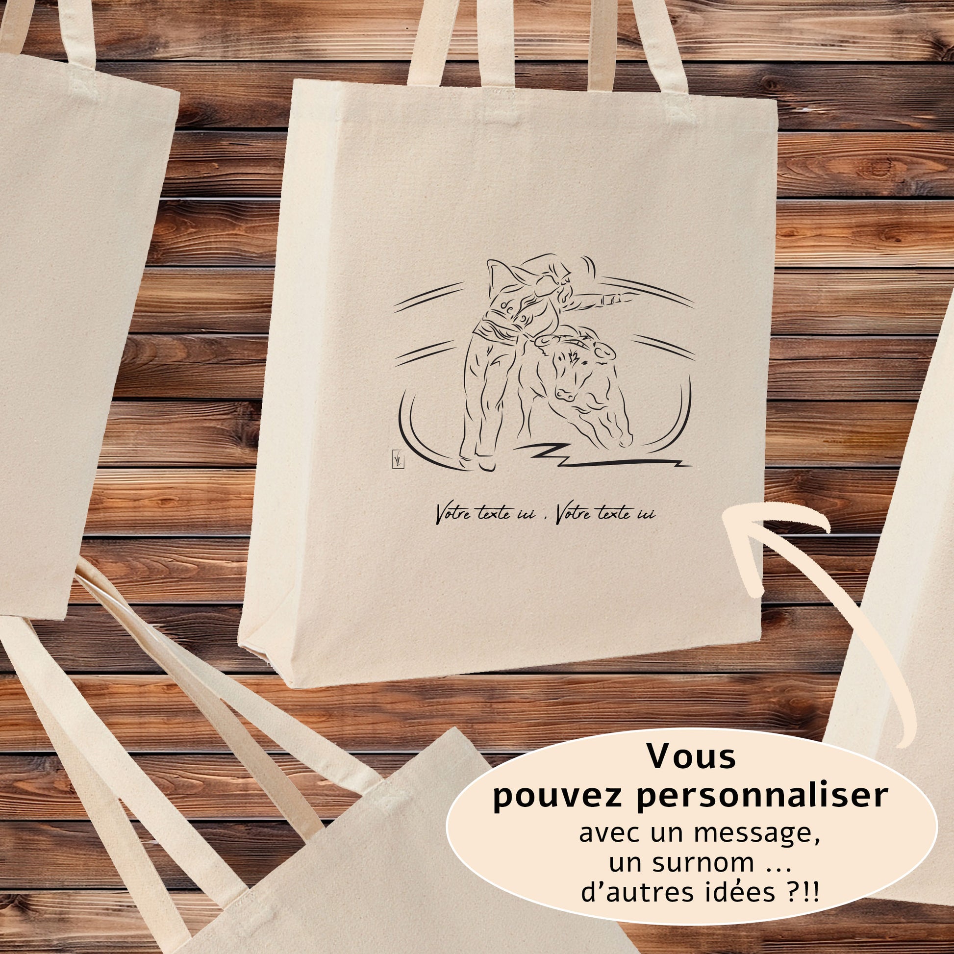 Course Landaise, écarteur et vache sauvage taureau. Graphisme sur sac tote-bag beige à personnaliser avec un texte. Création Virginie Linard ©.