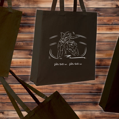 Course Landaise, écarteur et vache sauvage taureau. Graphisme sur sac tote-bag noir à personnaliser avec un texte. Création Virginie Linard ©.