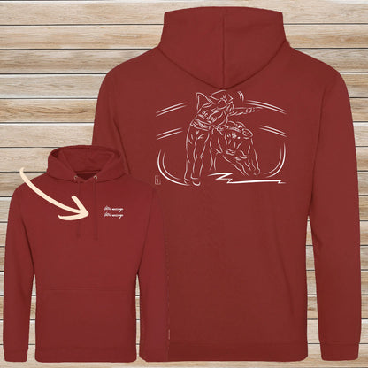 Course Landaise, écarteur et vache sauvage Graphisme sur Sweat-shirt 280g unisexe rouge brique à personnaliser avec du texte. Création Virginie Linard ©.