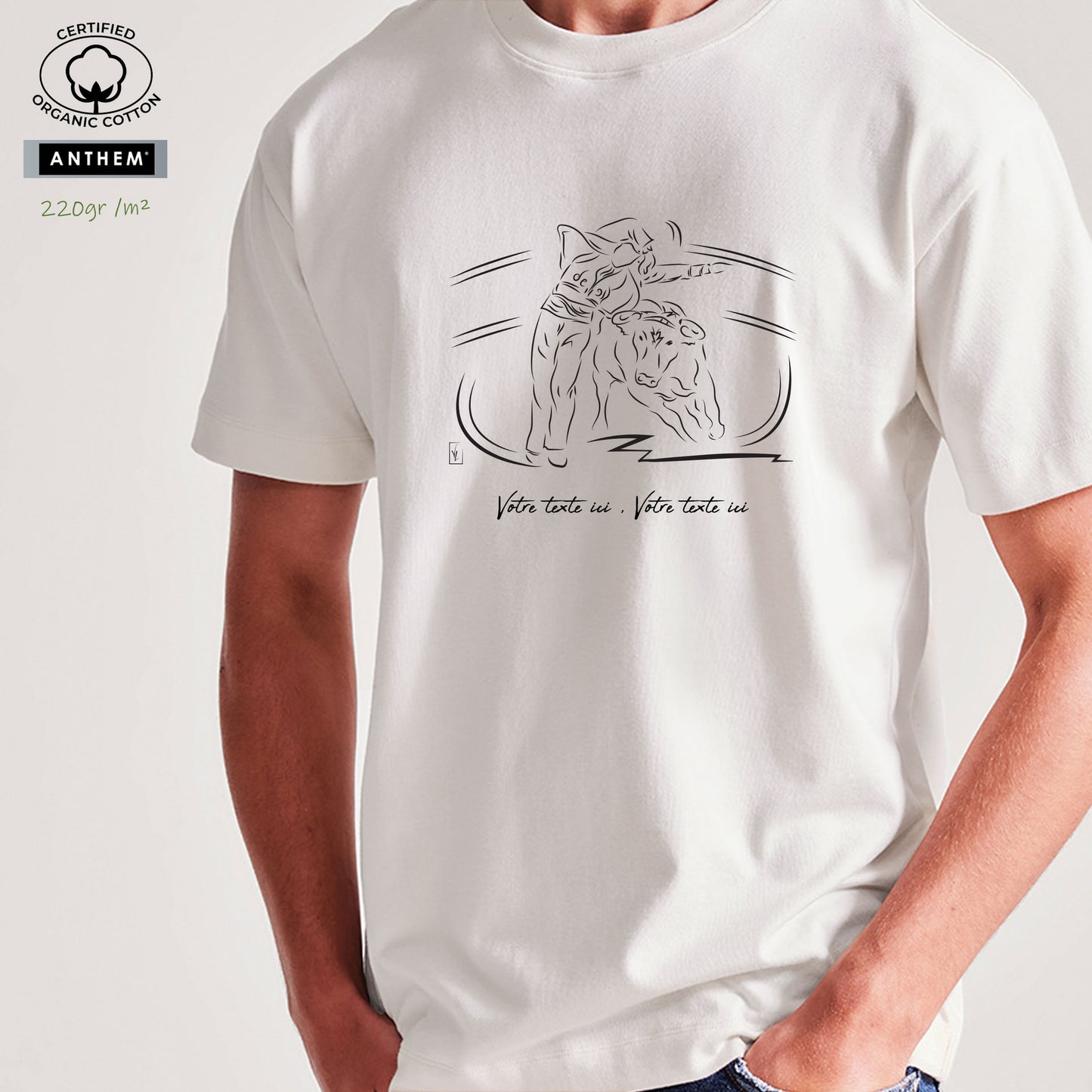 Course Landaise , écarteur et taureau vache sauvage Graphisme sur T-shirt biologique épais 220g unisexe blanc à personnaliser avec du texte. Création Virginie Linard ©.