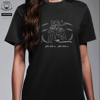 Course Landaise , écarteur et taureau vache sauvage Graphisme sur T-shirt biologique épais 220g unisexe noir à personnaliser avec du texte. Création Virginie Linard ©.