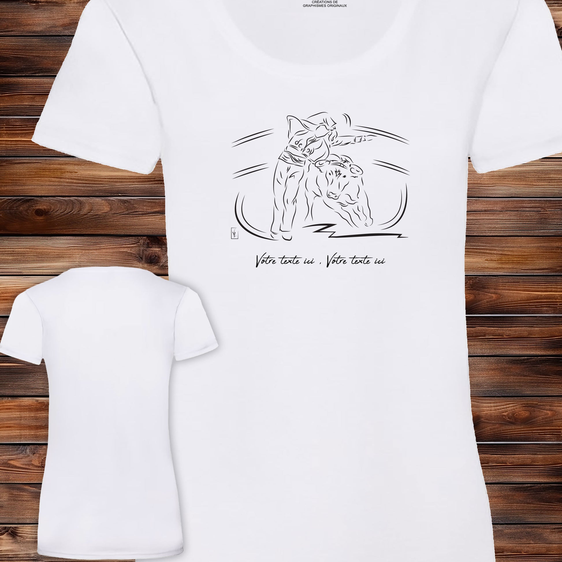 Course landaise, écarteur escartur et vache sauvage Graphisme sur T-shirt blanc femme à personnaliser avec du texte. Création Virginie Linard ©.