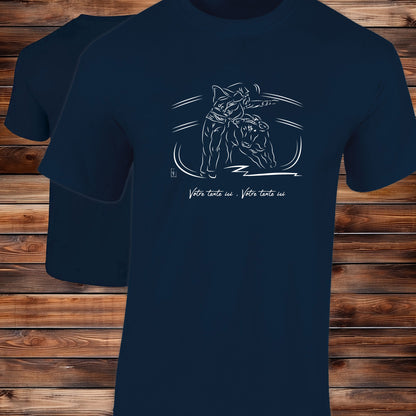 Course landaise, écarteur escartur et vache sauvage Graphisme sur T-shirt bleu homme à personnaliser avec du texte. Création Virginie Linard ©.