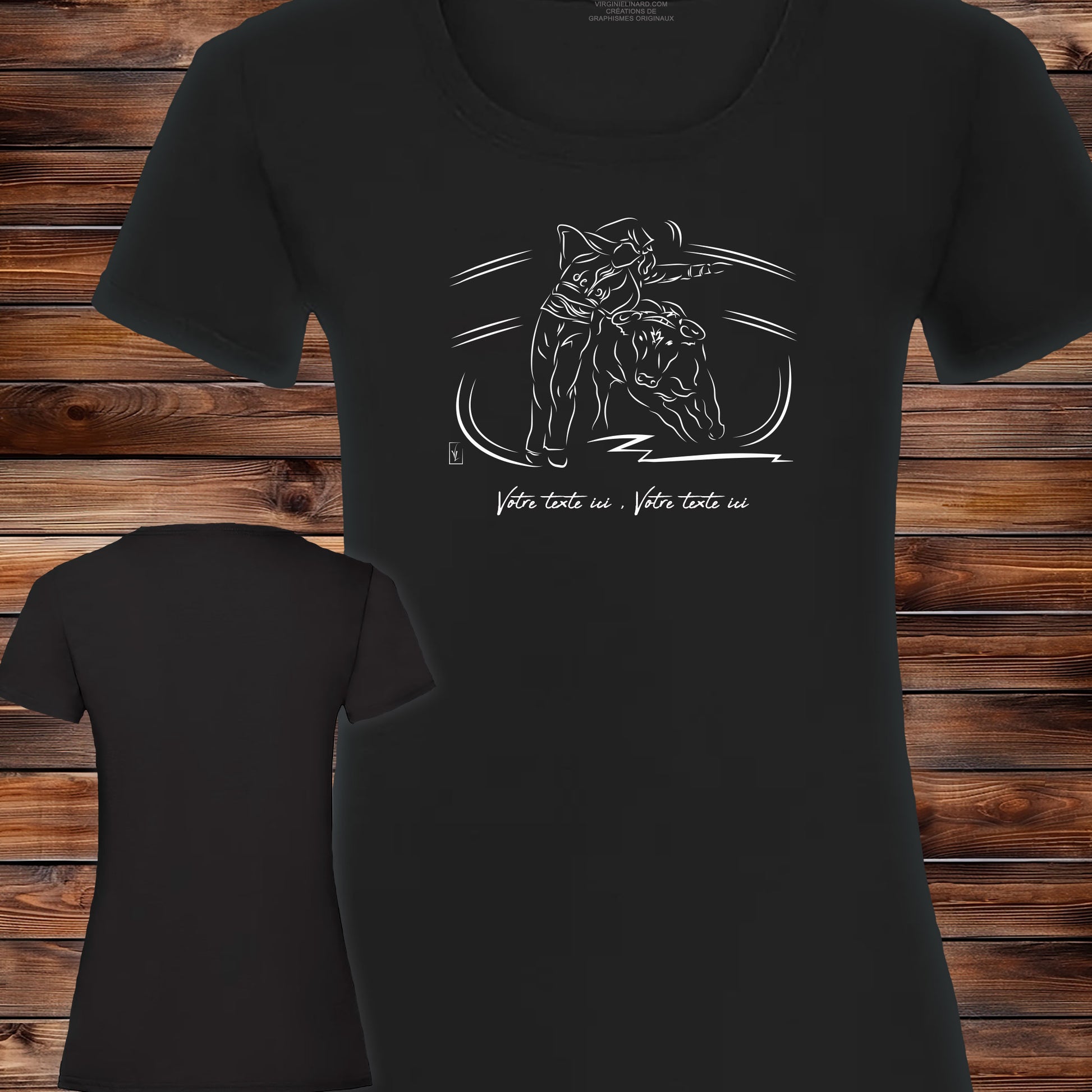 Course landaise, écarteur escartur et vache sauvage Graphisme sur T-shirt noir femme à personnaliser avec du texte. Création Virginie Linard ©.