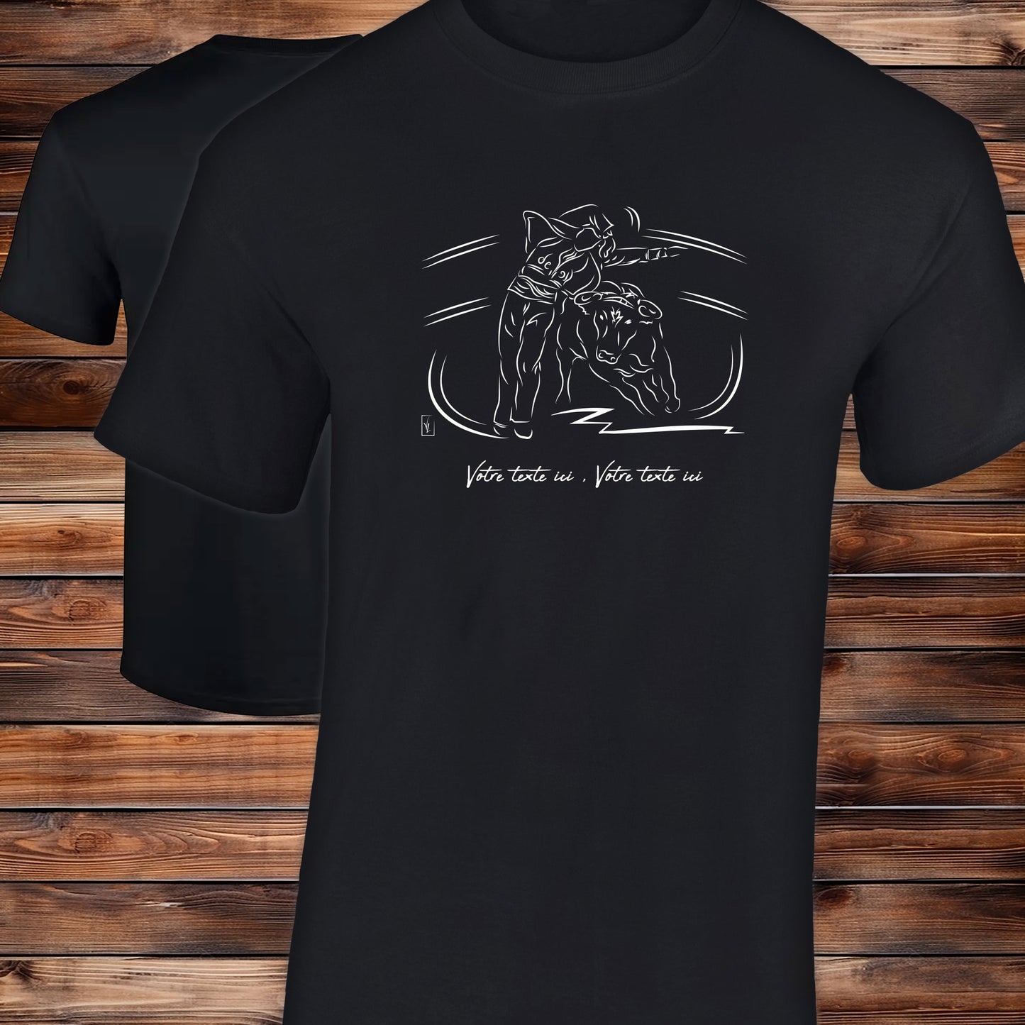 Course landaise, écarteur escartur et vache sauvage Graphisme sur T-shirt noir homme à personnaliser avec du texte. Création Virginie Linard ©.