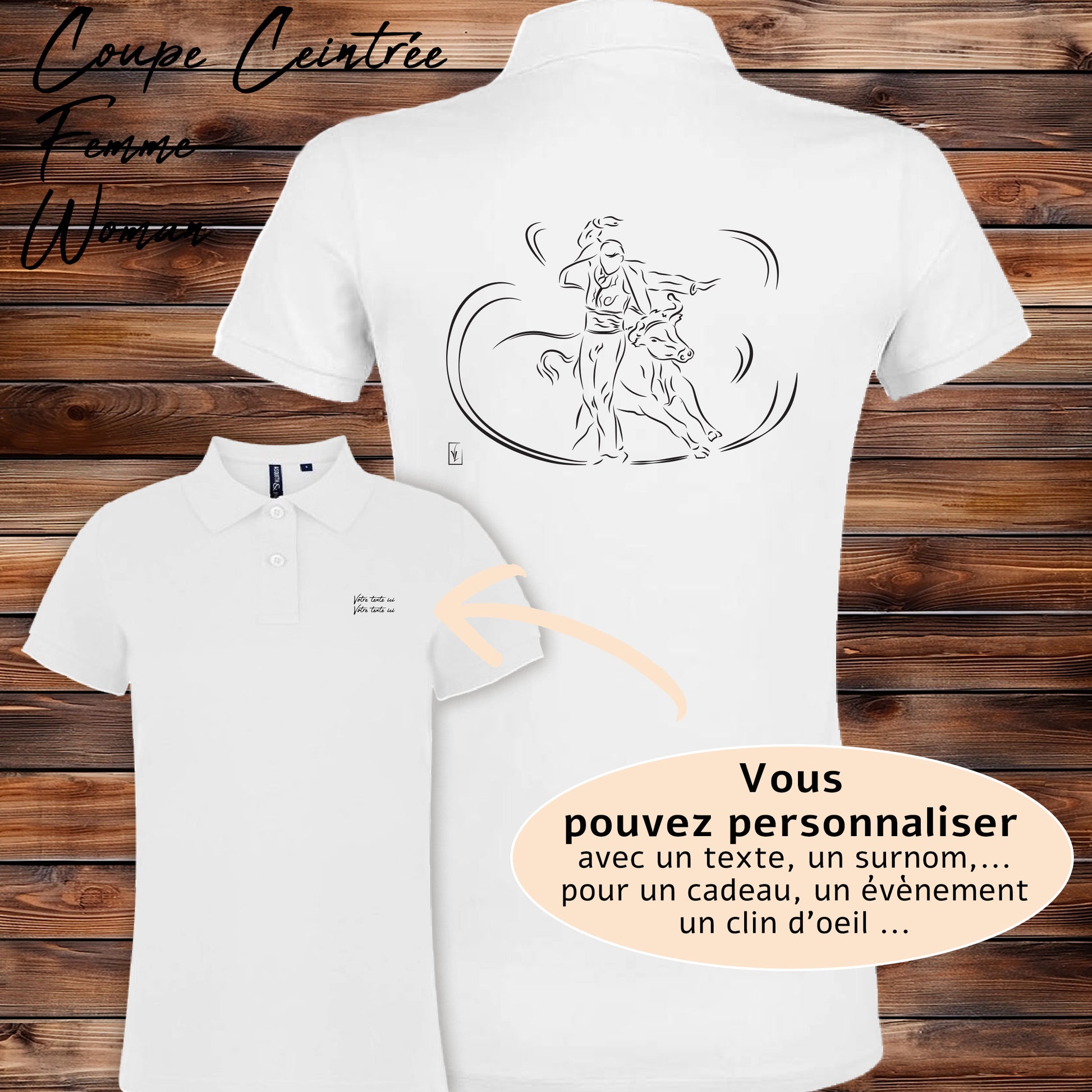 Course landaise, écarteur et vache sauvage Graphisme sur Polo 220g blanc femme à personnaliser avec du texte. Création Virginie Linard ©.
