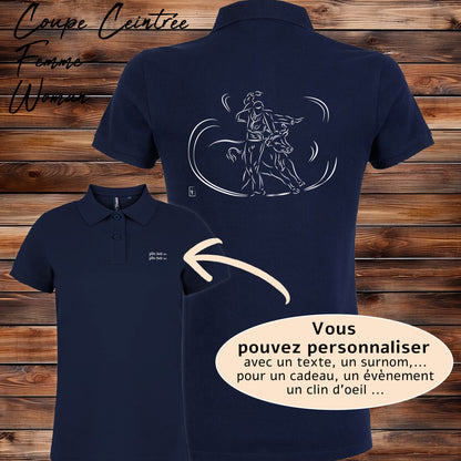 Course landaise, écarteur et vache sauvage Graphisme sur Polo 220g bleu femme à personnaliser avec du texte. Création Virginie Linard ©.