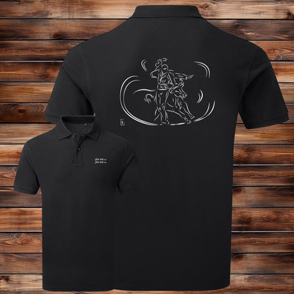 Course landaise, écarteur et vache sauvage Graphisme sur Polo 220g noir homme à personnaliser avec du texte. Création Virginie Linard ©.