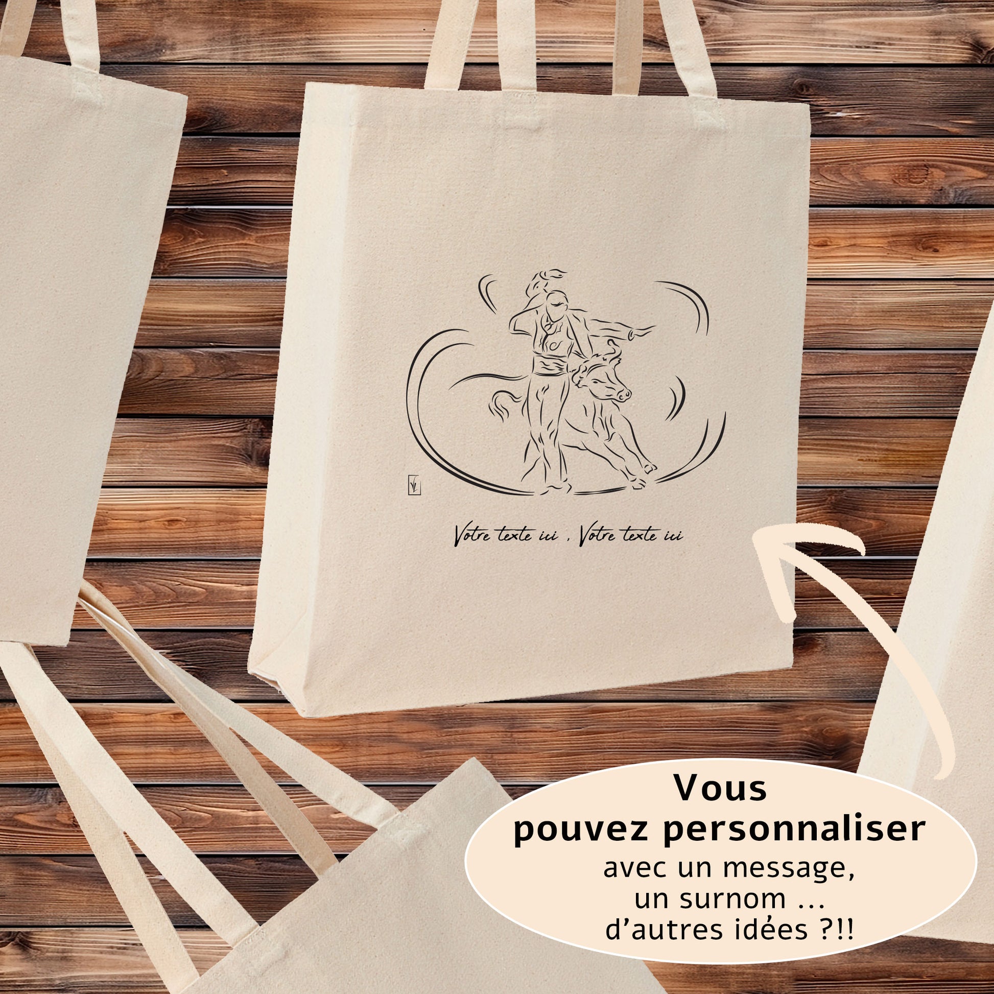 Course Landaise, écarteur et vache sauvage taureau. Graphisme sur sac tote-bag beige à personnaliser avec un texte. Création Virginie Linard ©.