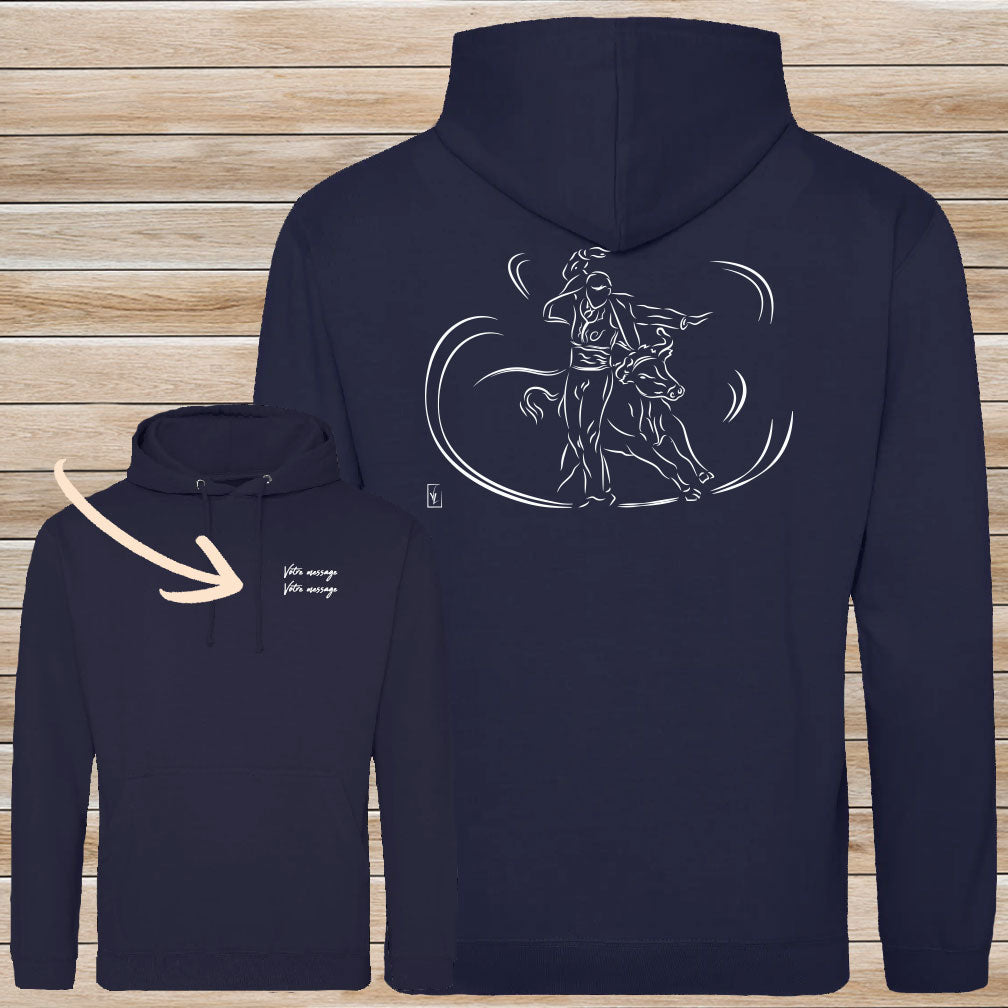 Course Landaise, écarteur et vache sauvage Graphisme sur Sweat-shirt 280g unisexe bleu à personnaliser avec du texte. Création Virginie Linard ©.