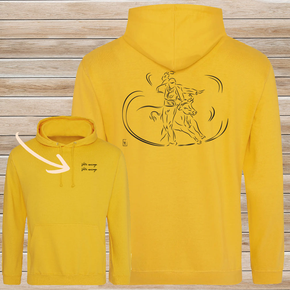 Course Landaise, écarteur et vache sauvage Graphisme sur Sweat-shirt 280g unisexe jaune à personnaliser avec du texte. Création Virginie Linard ©.