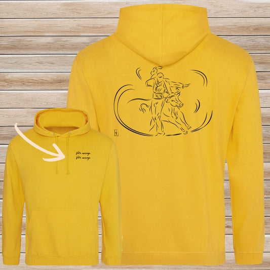 Course Landaise, écarteur et vache sauvage Graphisme sur Sweat-shirt 280g unisexe jaune à personnaliser avec du texte. Création Virginie Linard ©.