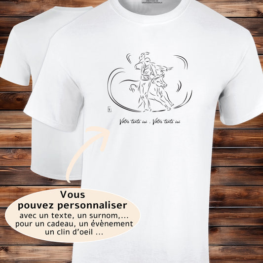 Course landaise, écarteur escartur et vache sauvage Graphisme sur T-shirt blanc homme à personnaliser avec du texte. Création Virginie Linard ©.