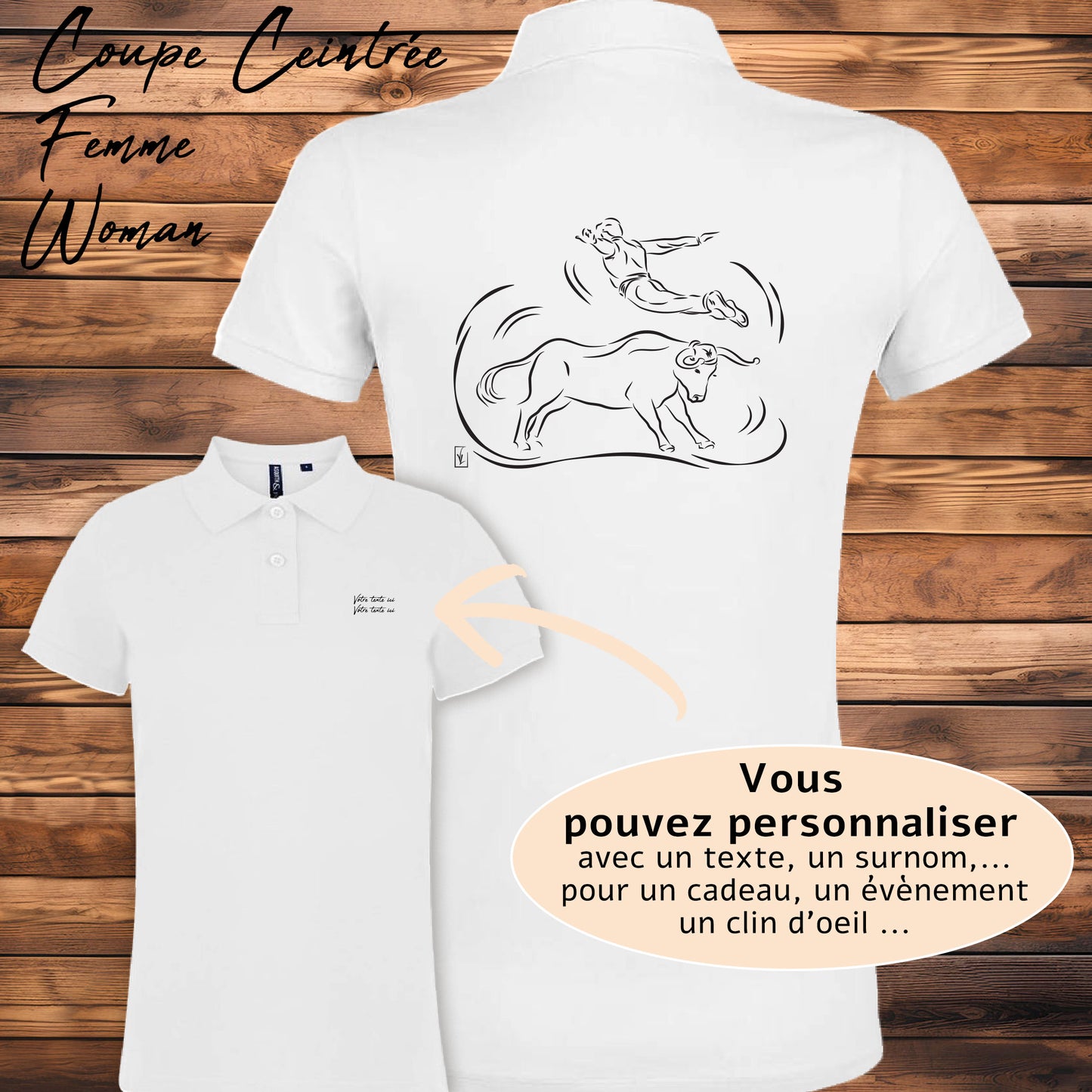 Course landaise, sauteur et vache sauvage Graphisme sur Polo 220g blanc femme à personnaliser avec du texte. Création Virginie Linard ©.