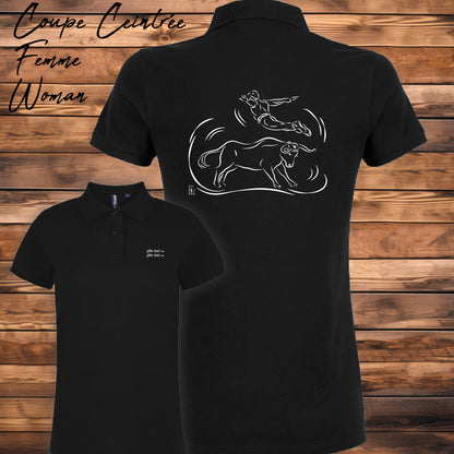 Course landaise, sauteur et vache sauvage Graphisme sur Polo 220g noir femme à personnaliser avec du texte. Création Virginie Linard ©.