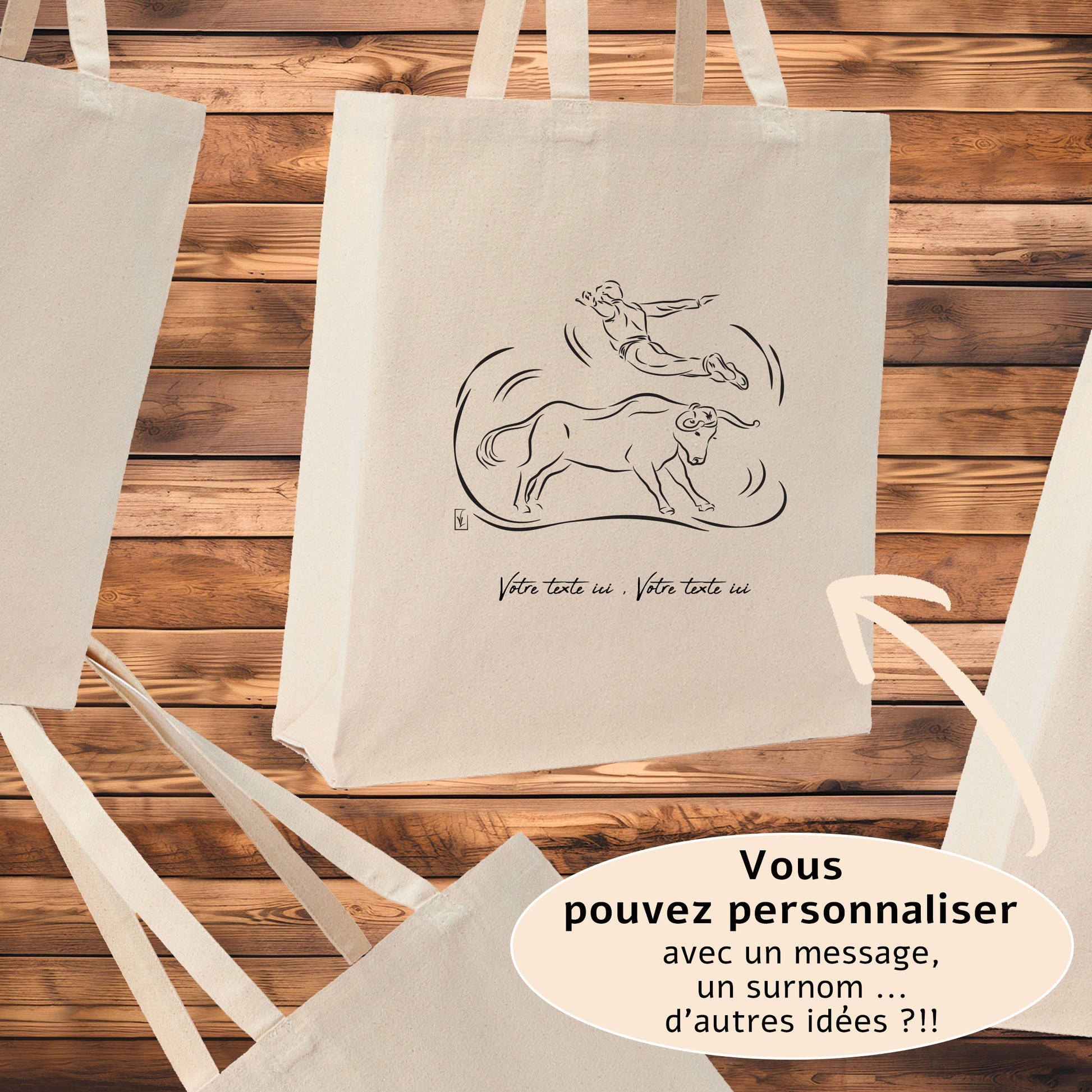Course Landaise, sauteur et vache sauvage taureau. Graphisme sur sac tote-bag beige à personnaliser avec un texte. Création Virginie Linard ©.