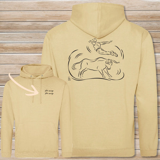 Course Landaise, sauteur et vache sauvage Graphisme sur Sweat-shirt 280g unisexe vert à personnaliser avec du texte. Création Virginie Linard ©.